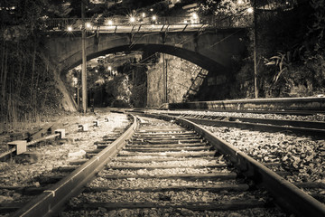 Railroad Tracks Leading Towards Bridge