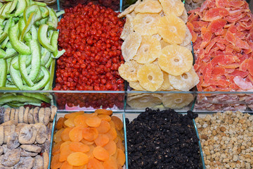 Counter with various dried fruits on the Grand Bazaar in Istanbul, Turkey
