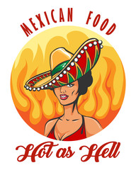 Mexican Food Retro Label with Woman in Sombrero