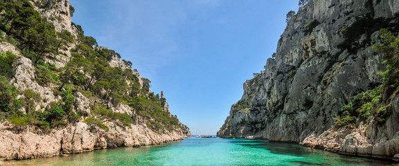 View from the beach of the Calanque d'En-Vau, panorama of the Calanques of Marseille.