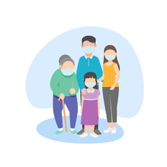 family wearing medical mask,protecting them from virus COVID-19,quarantine. Vector illustration