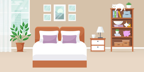 Bedroom with double bed. Modern interior. Vector banner.