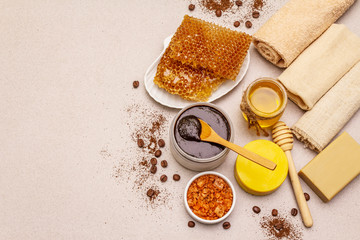 Fototapeta na wymiar Spa concept. Self care with honey, coffee and turmeric. Natural organic cosmetics, homemade product, alternative lifestyle