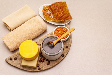 Spa concept. Self care with honey, coffee and turmeric. Natural organic cosmetics, homemade product, alternative lifestyle