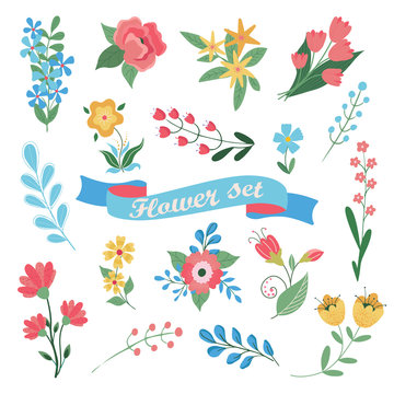 Set of flat Spring and Summer flowers in silhouette isolated on white background. Cute illustrations in bright colors for stickers, labels, tags, scrapbooking.