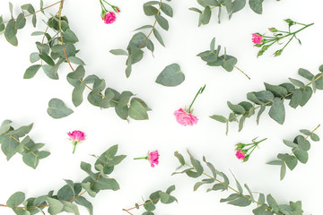 Floral pattern with roses and eucalyptus on white background. Flat lay