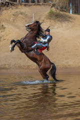 A young adult man in knightly armor rides a horse on a river along a sandy shore