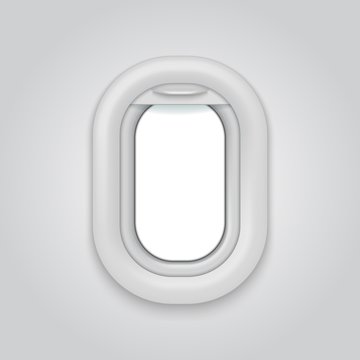Aircraft window. Airplane realictic vector open illuminator. Plane porthole mockup, white airline vole
