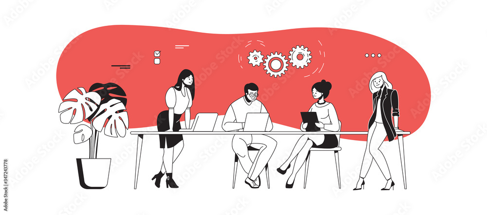 Poster office discussions. workshop planning executive business office . vector brainstorm illustrations in