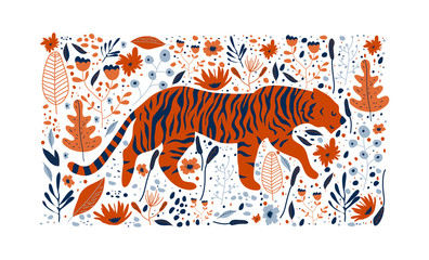 Striped Tiger Prowling Around Rainforest Among Foliage Vector Illustration