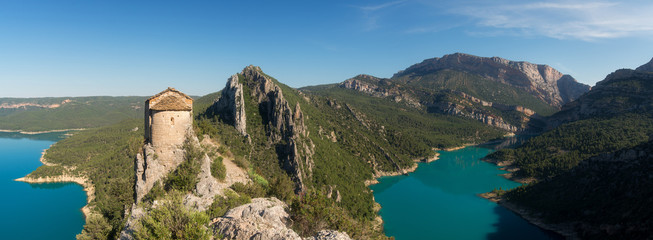 Pertusa hermitage in the top of a cliff, Lleida, Catalonia, Spain