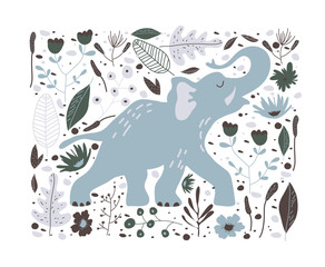 Cute Elephant Walking in Jungle Among Foliage Hand Drawn Vector Illustration