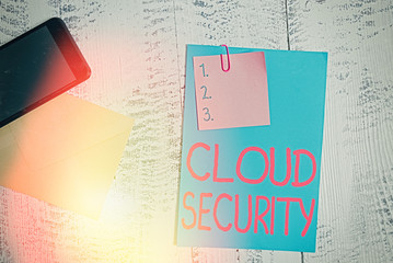 Text sign showing Cloud Security. Business photo showcasing Protect the stored information safe Controlled technology Envelope blank sheet paper sticky note smartphone wooden vintage background
