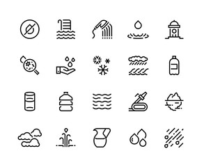 Aqua line icons. Water and liquids in containers such as glass bottle can, rain iceberg sea and geyser water sources. Vector editable strokes liquid symbol