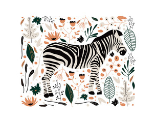 Obraz premium Zebra Standing in Foliage Framed Floral Vector Poster