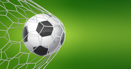 Fototapeta na wymiar Football goal background. Soccer banner with ball in net and place for text, sport game and football championship cut. Vector illustration concept of goal in green