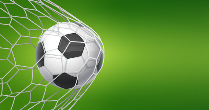 Football goal background. Soccer banner with ball in net and place for text, sport game and football championship cut. Vector illustration concept of goal in green