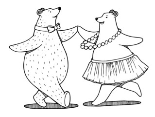 Dancing bears couple. Ballroom dancing bears. Dancing animals on the floor.