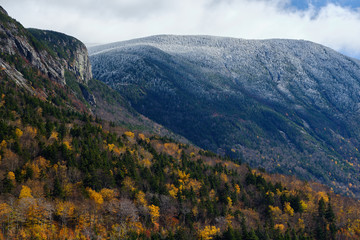 Autumn fall colors on he shore line of Echo lake in the White mountains of New Hampshire