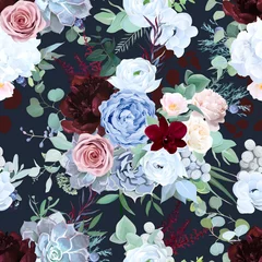 Papier peint Bordeaux Modèle de conception vectorielle continue de rose de jardin bleu poussiéreux, anémone blanche