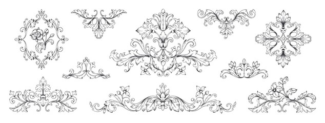 Floral baroque ornaments. Vintage Victorian frame decorative elements, swirl heraldic engraved with leaves and flowers. Vector retro ornamentals illustration set for designs