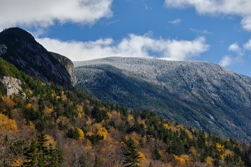 Autumn in the White Mountains of New Hampshire with snow and frost at the higher mountain elevations