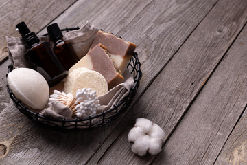 Zero waste eco friendly bathroom accessories on wooden background