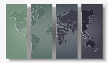 A dark set of illustrations map of the world. World map made of glass on a dark background.
Countries and continents. Stock vector.