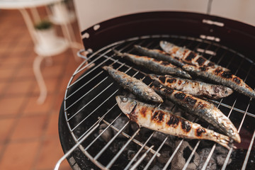 Freshly grilled sardines on a barbecue. Grilled food. Grilled Sardines On Hot Coal. Healthy food concept. Mediterranean cuisine. Typical dishes of the Spanish and Portuguese coasts.