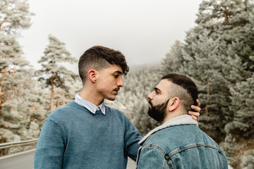 Gay couple in love on a mountain road