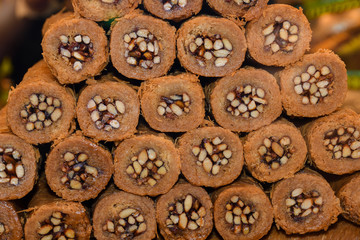 Various types or many colorful assortment of Turkish delights rolls for sale in a shop in Istanbul