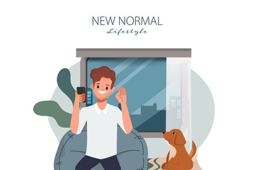 People live in city and new normal lifestyle after covid-19. Man stay at home with a dog and video conference.