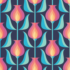 Flowers and leaves. Mid-century modern art vector background. Abstract geometric seamless pattern. Decorative ornament in retro vintage design style. Floral backdrop.