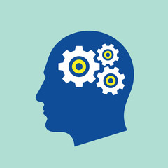 Head with gears concept logo design. SEO engine optimization sign. Creative idea generation icon. Intellect technology. Business solution. Vector illustration. 