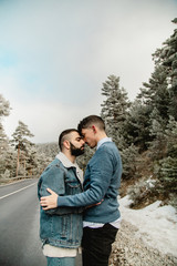 Gay couple in love on a mountain road