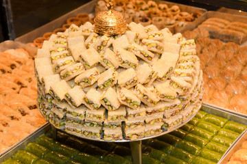 Traditional baklava sweet dessert delights, cataif pastry. Fresh Food Buffet Brunch