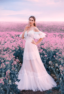 Glamour woman bride fashion model. white long vintage wedding dress. Princess medieval lady in elegant bridal clothes trendy boho style. Meadow pink flowers. spring nature flowering blooming field