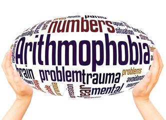 Arithmophobia fear of numbers word hand sphere cloud concept