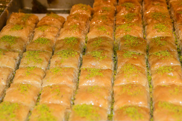 Traditional baklava sweet dessert delights, cataif pastry. Fresh Food Buffet Brunch