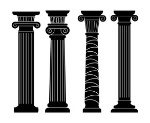 set of black & white silhouette, classical antique columns, pillars with ornaments, architectural & decorative element of ancient buildings, vector illustration, isolated on a white background