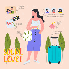 Hand-drawn a woman demonstrating the social level. Flat vector illustration.