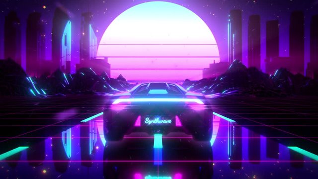 3D Retro Synthwave City Landscape VJ Loop Motion Background