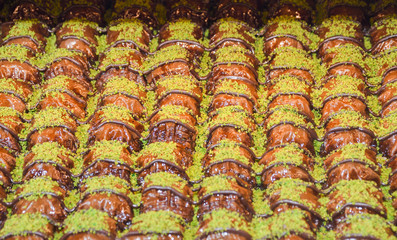 Traditional baklava sweet dessert delights, cataif pastry. Fresh Food Buffet Brunch