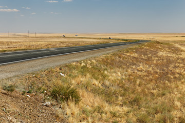 E38 highway in Kazakhstan. asphalt road across the steppe.