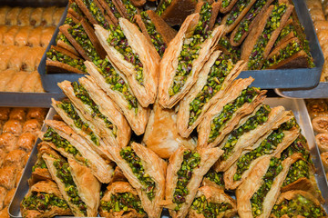 Traditional baklava sweet dessert delights, cataif pastry. Fresh Food Buffet Brunch