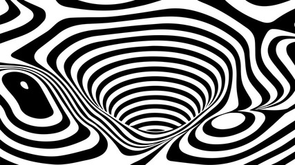 Vector optical illusion with black and white lines. Abstract curve background. Technology tunnel.