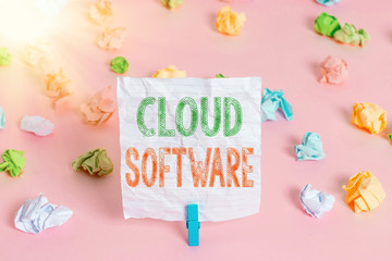 Text sign showing Cloud Software. Business photo showcasing Programs used in Storing Accessing data over the internet Colored crumpled papers empty reminder pink floor background clothespin