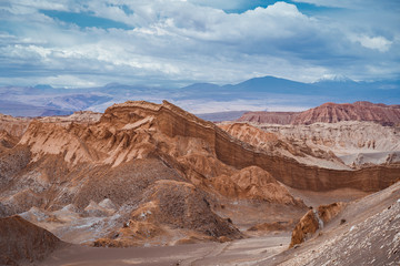 Dramatic landscapes at the Moon valley (Spanish: Valle de la Luna) in the Atacama Desert, Chile, South America.