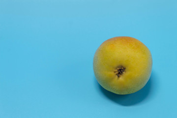 On the blue background of the horizontal photo there is one fresh red pear