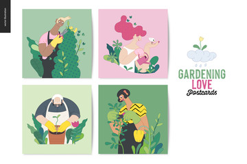 Gardening people, spring - modern flat vector concept illustrated greeting cards of people in the garden wearing aprons and gloves, gardening, watering, planting, cutting branches. Gardening concept